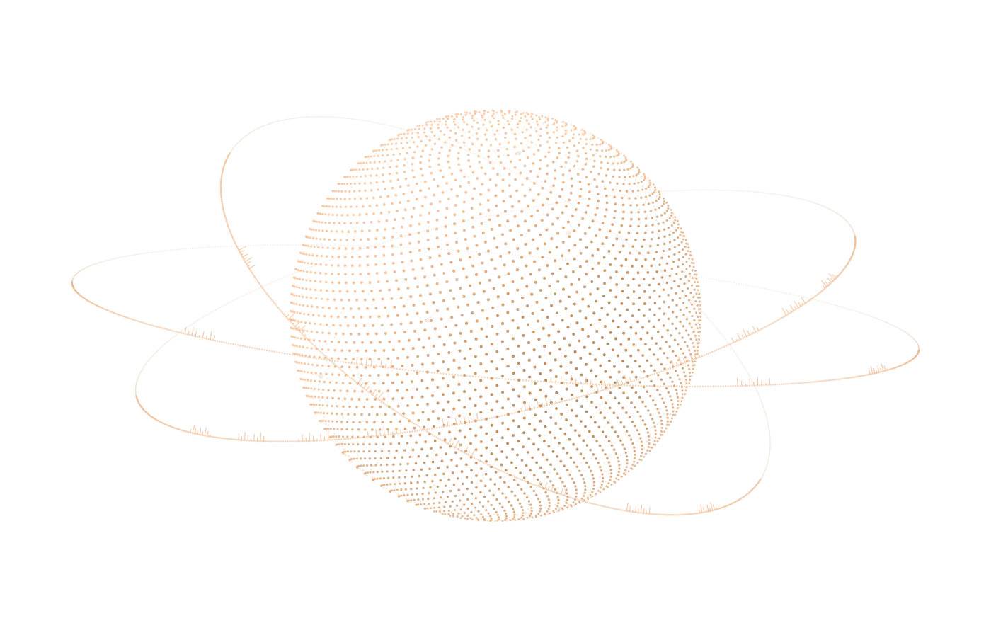 A sphere of gold data points with three orbit rings